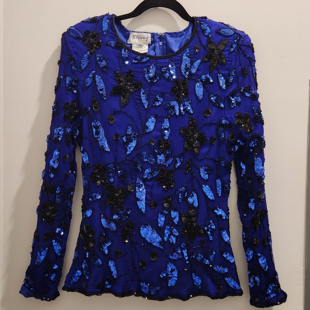 True Vintage Stenay Silk Royal Blue Beaded Sequin Blouse 80s
